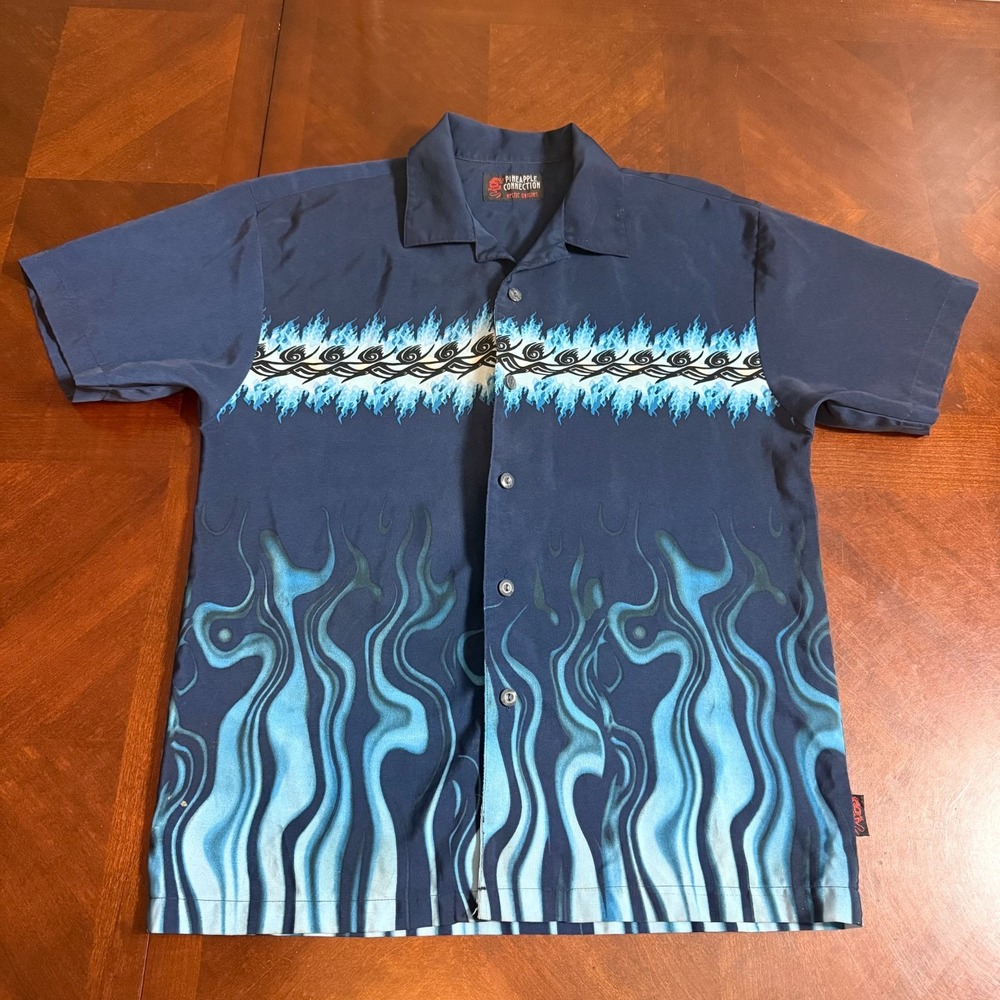 Vtg Y2K  Pineapple Connection Mystic Origins Flames‎ Tribal Button Shirt Blue